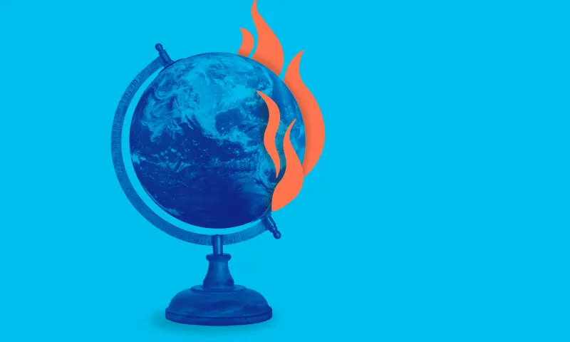 A graphic of a globe is on fire with a blue background.