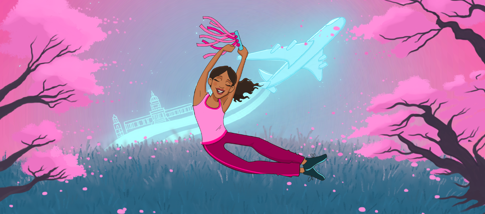 An illustration of a young girl jumping with a joyful expression and a plane in the background.