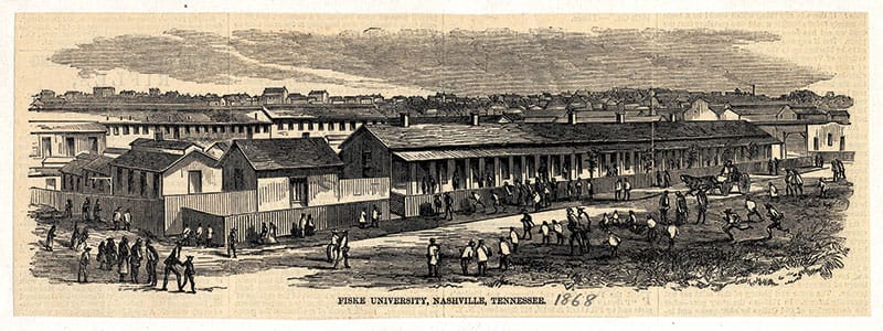 Black and white illustration of Fisk University, Nashville, Tennessee. 1868.