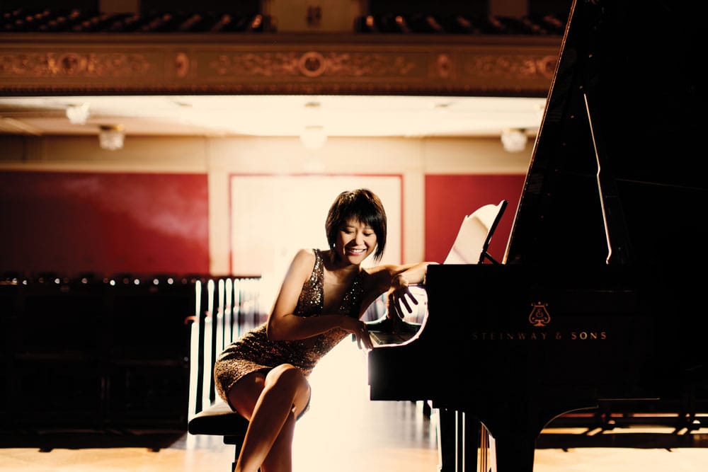 Yuja Wang in a sparkly dress at the grand piano