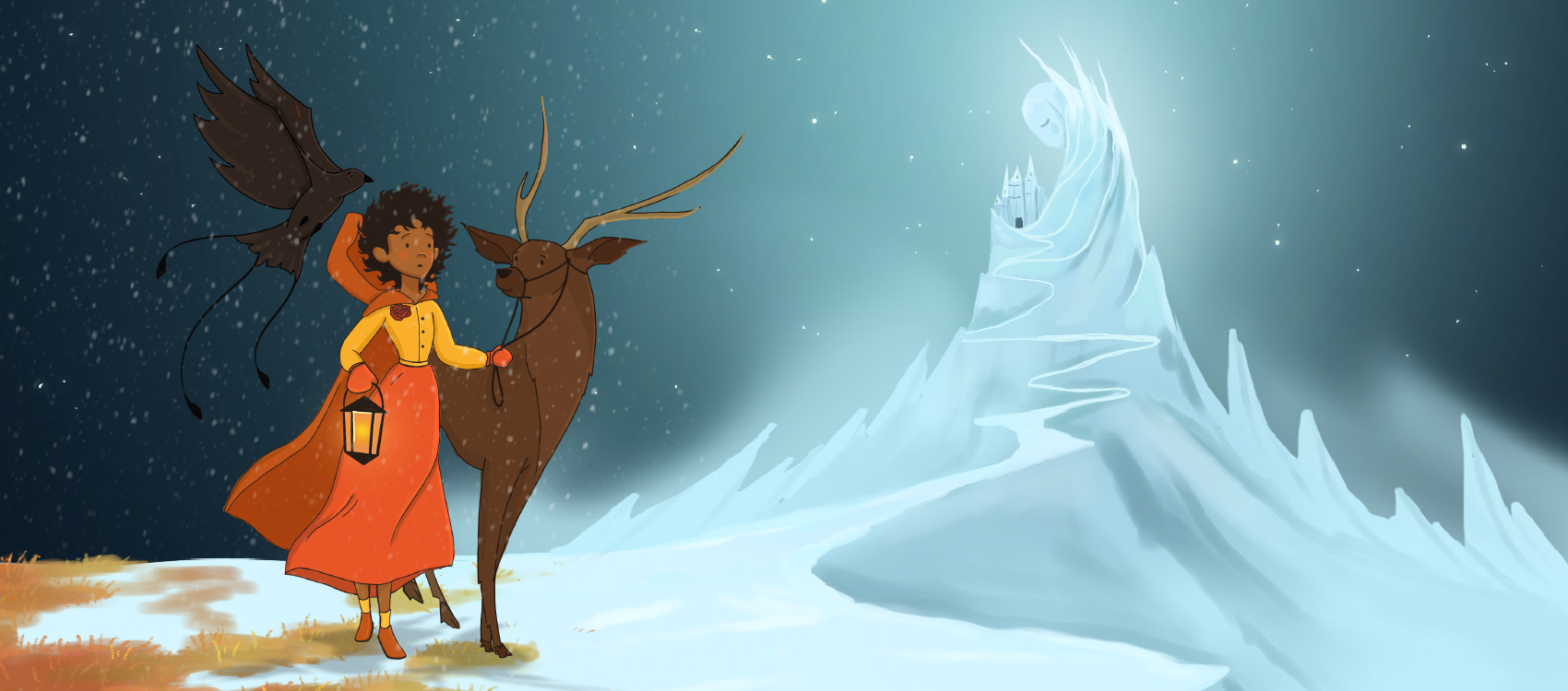 An illustration of an ice castle high on a hill and a young girl holding a lantern, leading a deer. 