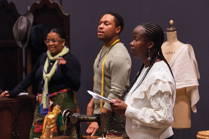 Ayanna Bria Bakari, Jamar Jones, and Esther Okech Lewis in rehearsal for Blues for an Alabama Sky