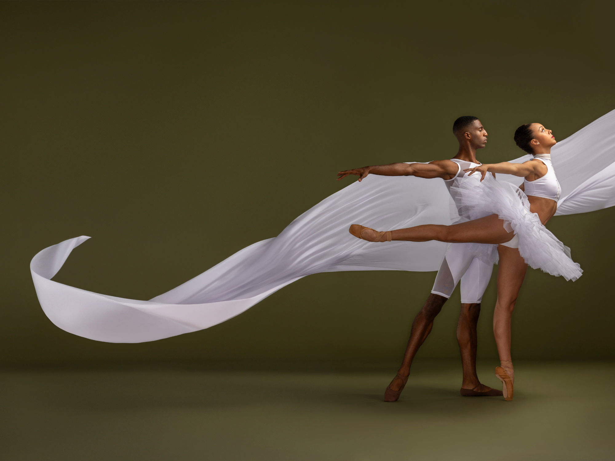 Two ballet dancers, a man and a woman, dance together. The woman's white costume flows in the wind.