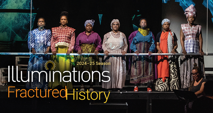 A group of black women stand side by side holding onto a rail looking at the audience.