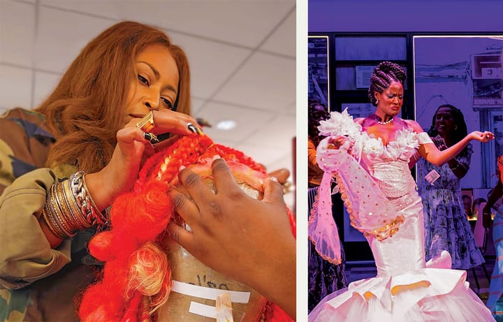 On the left Nikiya Mathis works on a bright orange wig. On the left, a woman dances in an elaborate dress with feathers.