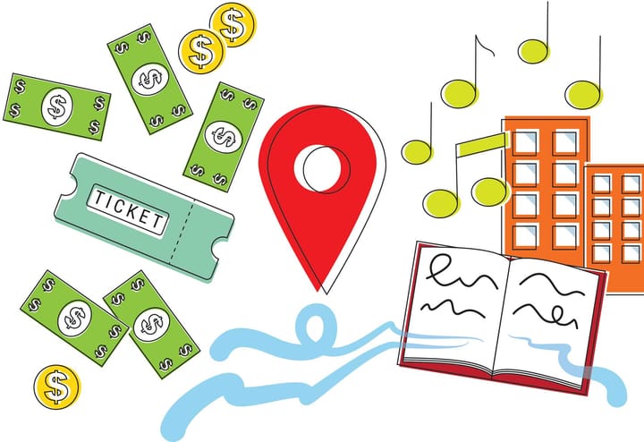 A graphic of money, tickets, and a map