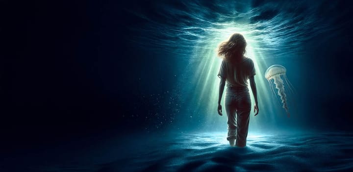 A graphic of a woman walking under water with a jellyfish next to her and the sun shining through the water.