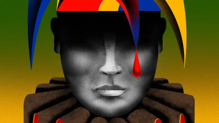 A graphic of a face of a clown with a hat and a ruff around the neck.